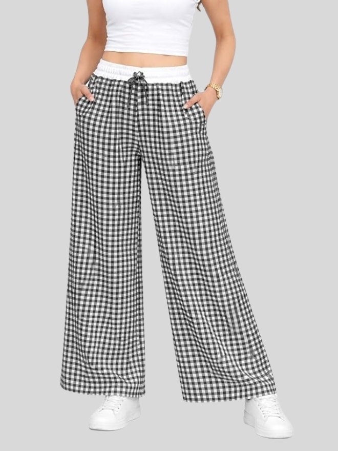 Women's Cotton Wide Leg Palazzo Pants | Gingham Check Pattern with Drawstring | Elastic Waist | Casual Lounge Wear |