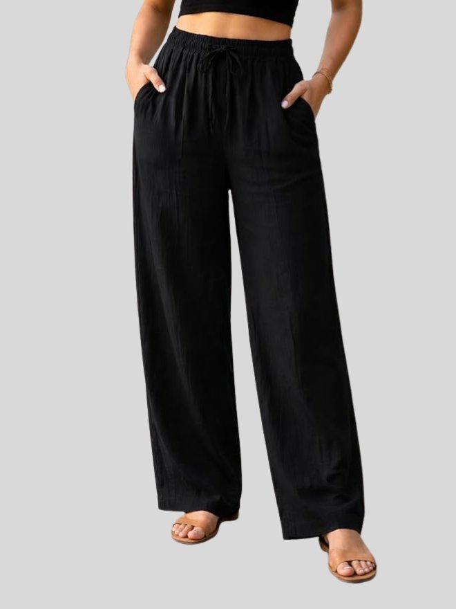 Women Solid Black Wide Leg Palazzo Pants | High Waist Relaxed Fit Casual Trousers with Pocket