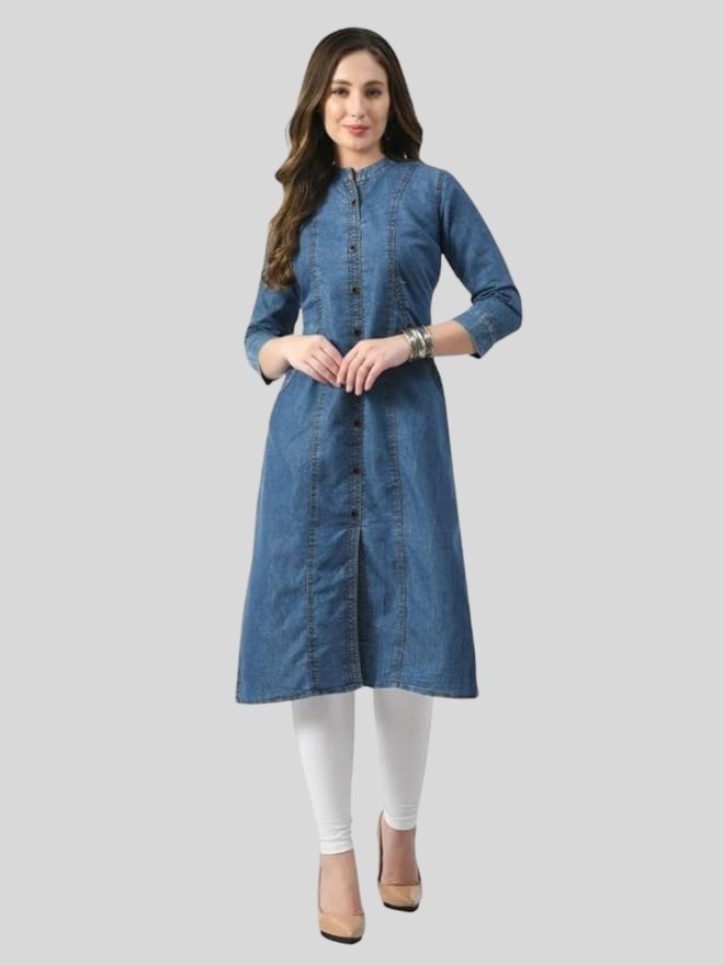 Women's Denim Kurti | Blue | 3/4 Sleeve | Button Front | Side Slits | Mandarin Collar |
