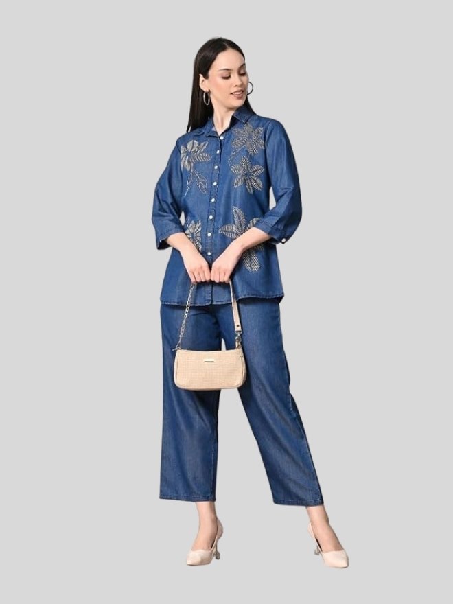 Women's Denim Coord Set Blue Embroidered Shirt and Pants | Two Piece Outfit |