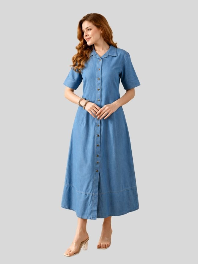 Women Denim Straight Kurti with Mandarin Neck & Front Button Design