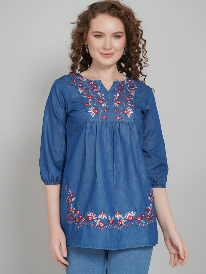 Women's Denim Embroidered Tunic Top | Floral Embroidery Casual Long Top | 3/4 Sleeve Round Neck Denim Kurti for Women