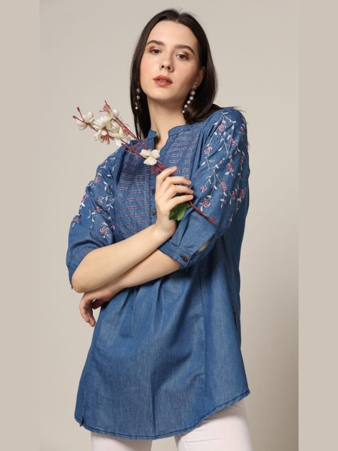 Women's Embroidered Denim Tunic Top – Blue