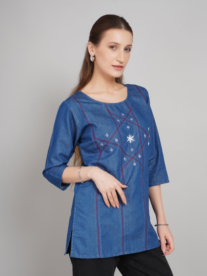 Women's Blue Embroidered Denim Cotton Straight Kurti | 3/4 Sleeve Casual Ethnic Top