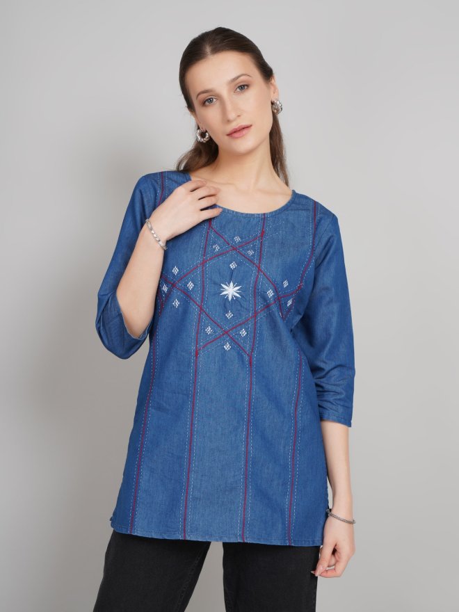 Women's Blue Embroidered Denim Cotton Straight Kurti | 3/4 Sleeve Casual Ethnic Top