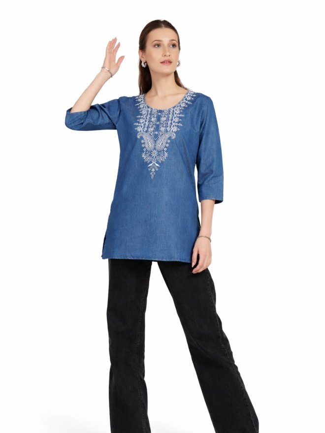 Women's Embroidered Denim Tunic Top – Blue clour