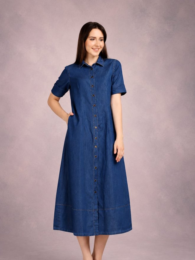 Women's Denim Button-Down A-Line Midi Dress with Collar