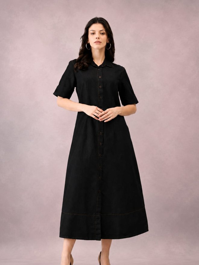 Women's Denim Button-Down A-Line Midi Dress with Collar black