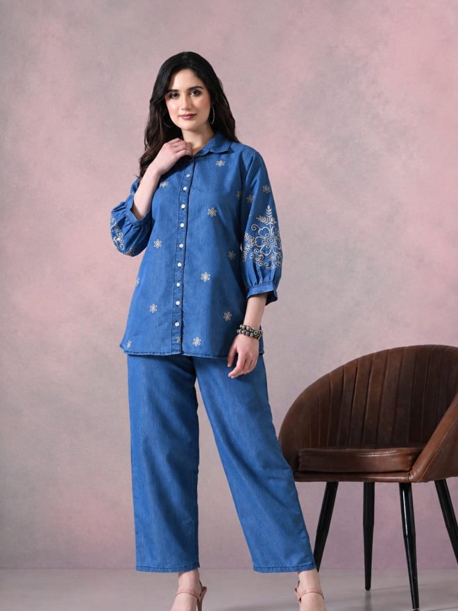 Women's Blue Embroidered Denim Co-Ord Set with Wide Leg Pants
