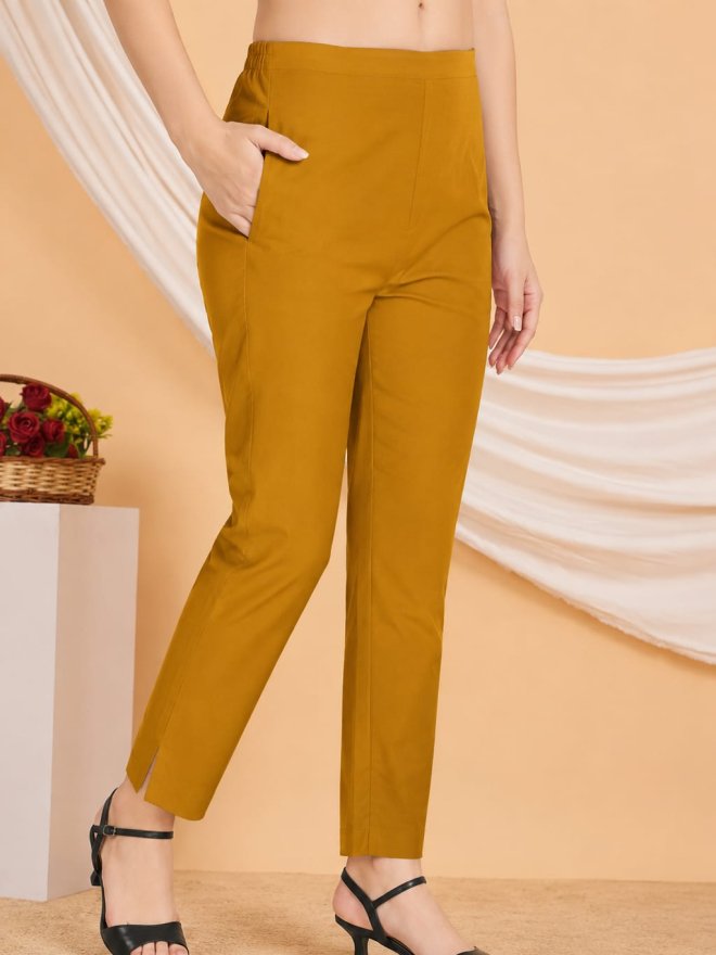 Mustard Yellow Cotton Lycra Comfort Fit Pants