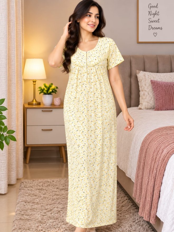 Women’s Yellow Floral Printed Night Suit Maxi Dress