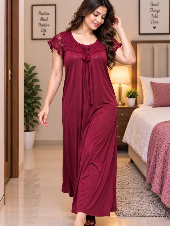 Women’s Maroon Hosiery Night Suit / Nighty with Lace Detailing