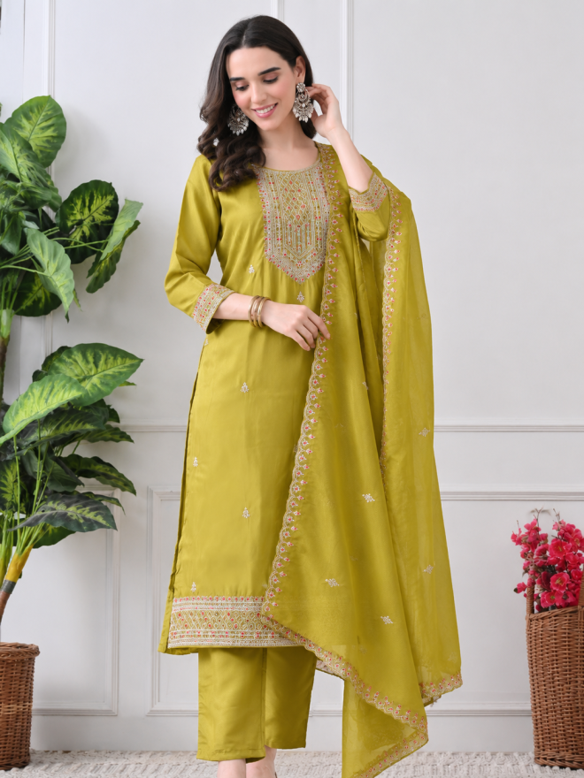 Elegant Olive Green Embroidered Straight Kurta Set with Dupatta