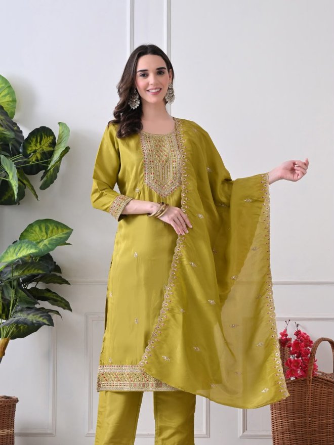 Elegant Olive Green Embroidered Straight Kurta Set with Dupatta