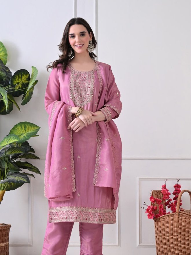 Elegant Pink Embroidered Straight Kurta Set with Dupatta