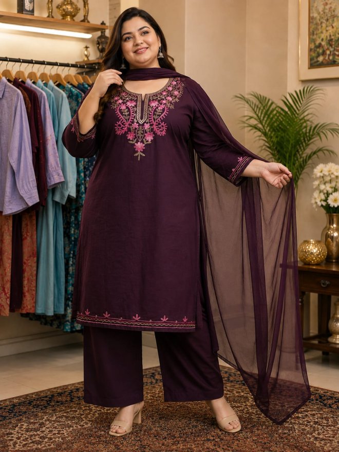 Women’s Plus Size Embroidered Straight Kurta with Palazzo & Dupatta Set