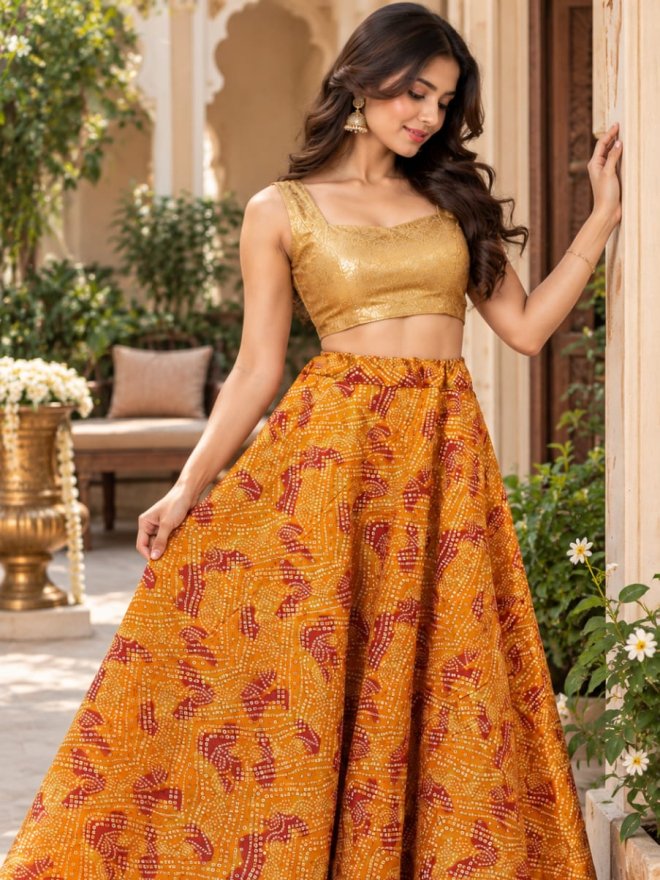 Women’s Orange Bandhani Printed Flared Skirt with Lace Border