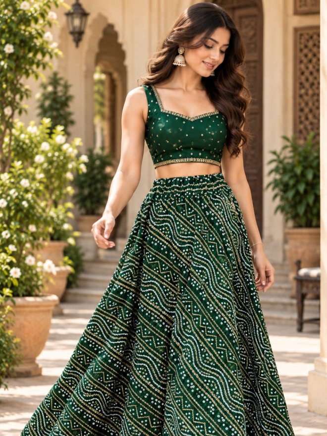 Bandhani Print Flared Skirt with Lace Border