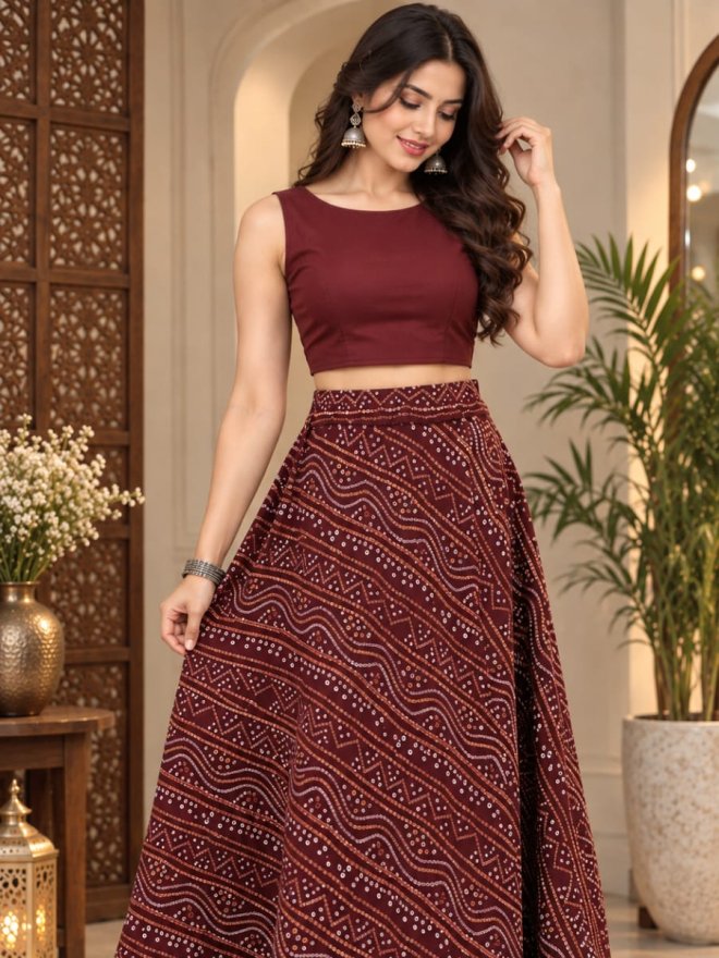 Maroon Printed Flared Skirt with Lace Border