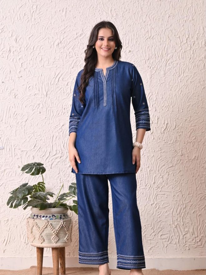Women’s Denim Blue Embroidered Kurta Pant Co-Ord Set