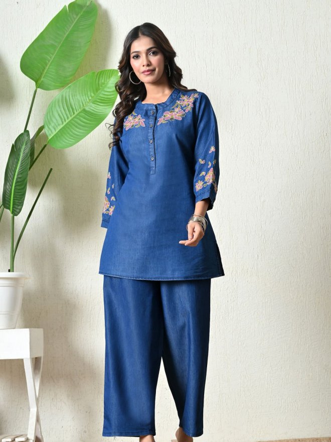 Women’s Denim Blue Embroidered Kurta Pant Co-Ord Set