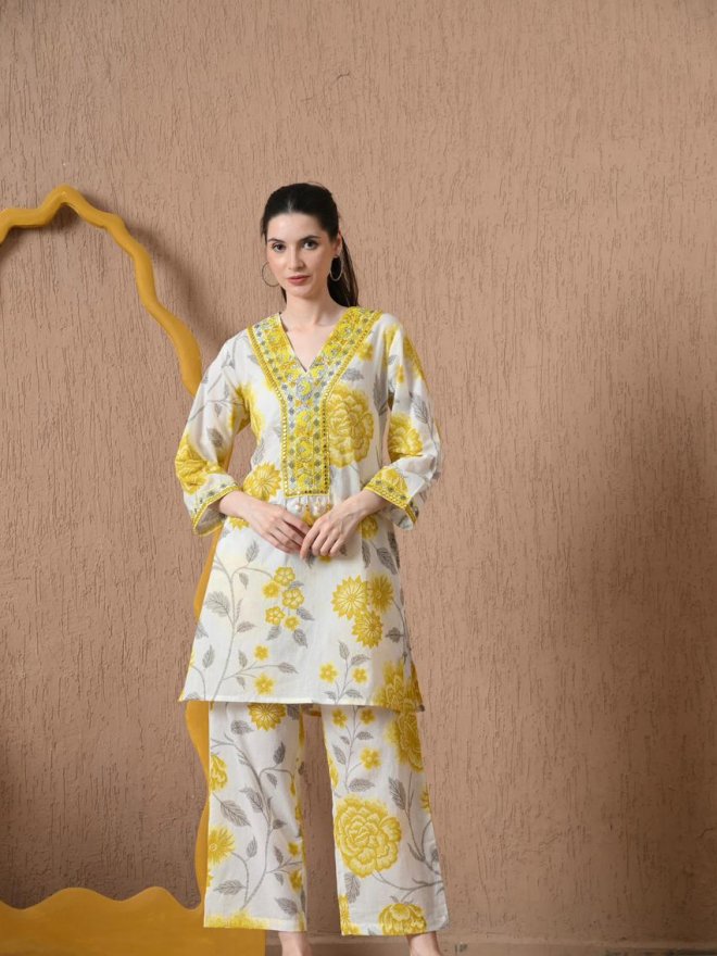 Yellow Floral Printed Straight Suit Set