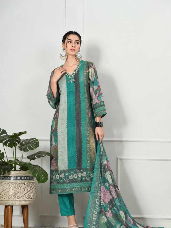 Elegant Printed Teal Green Suit Set with Dupatta Shimmer fabric
