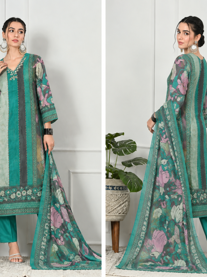Elegant Printed Teal Green Suit Set with Dupatta Shimmer fabric