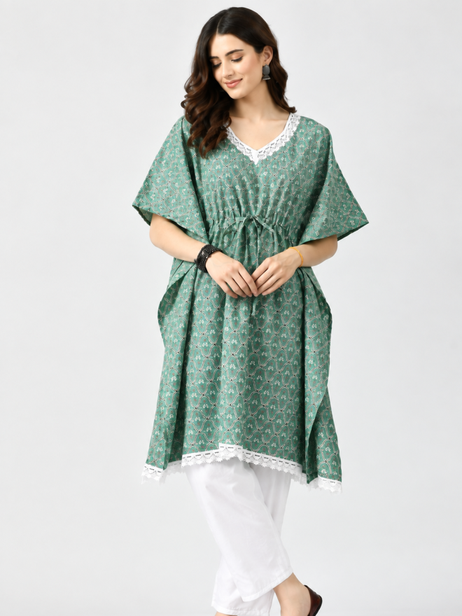 Printed Green Kaftan Top with Lace Detailing