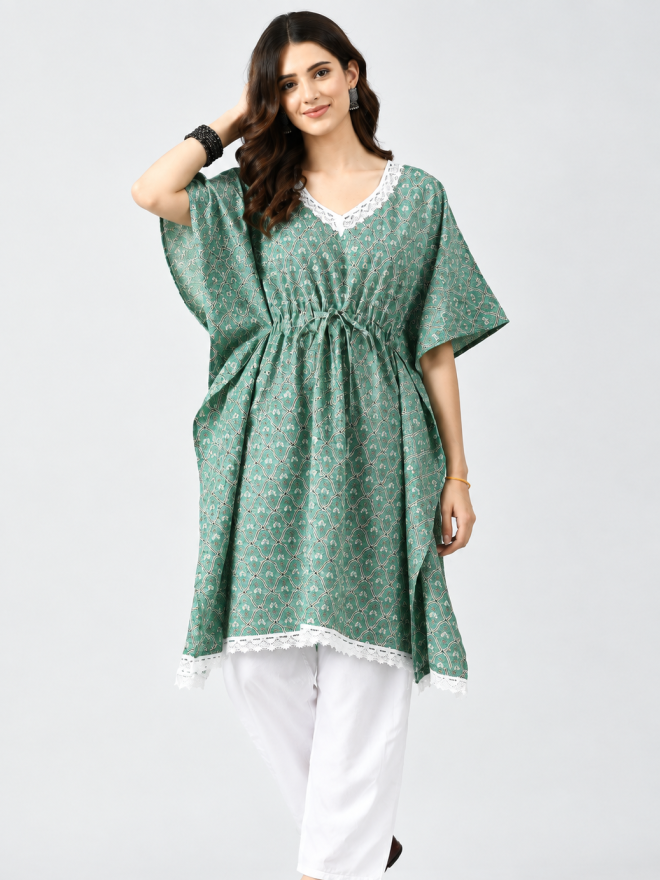 Printed Green Kaftan Top with Lace Detailing