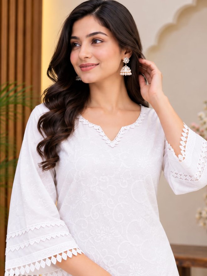 Rayon jacquard  fabric kurti White Embroidered Farsi Salwar Suit Set