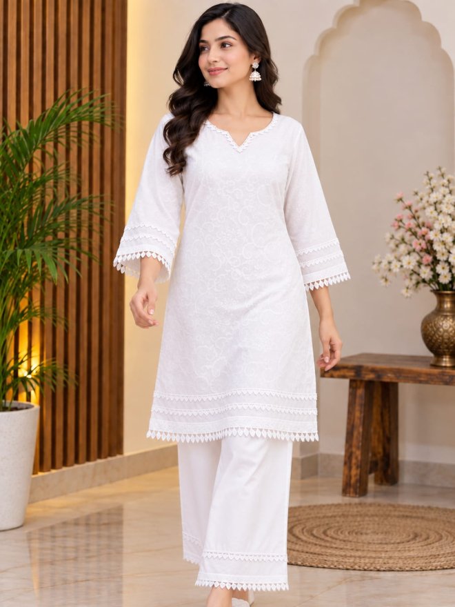 Elegant White Embroidered Straight Kurti