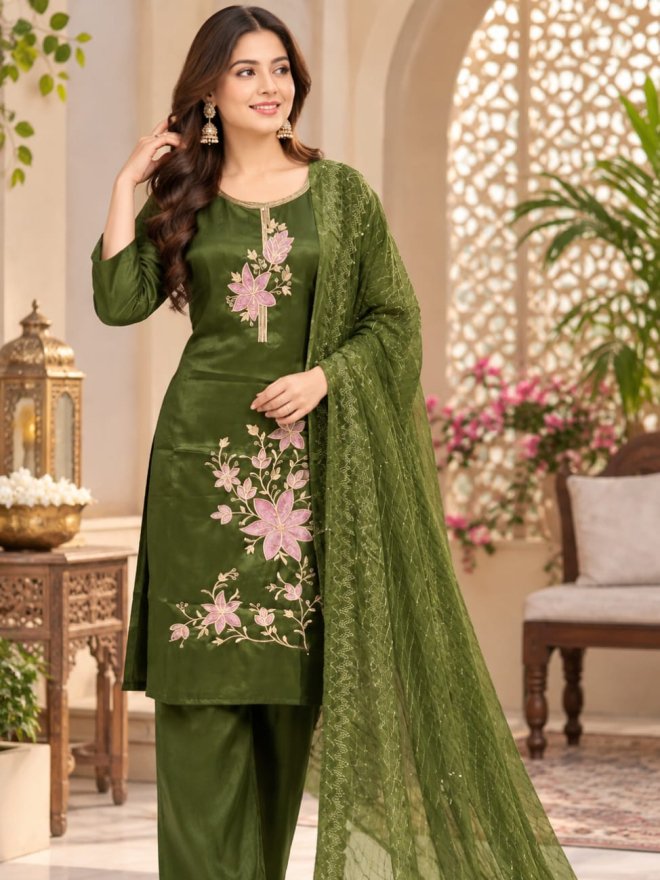 Elegant Olive Green Floral Embroidered Kurta Set with Dupatta