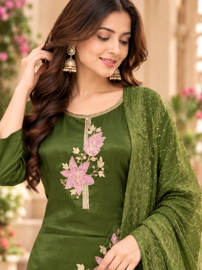 Elegant Olive Green Floral Embroidered Kurta Set with Dupatta