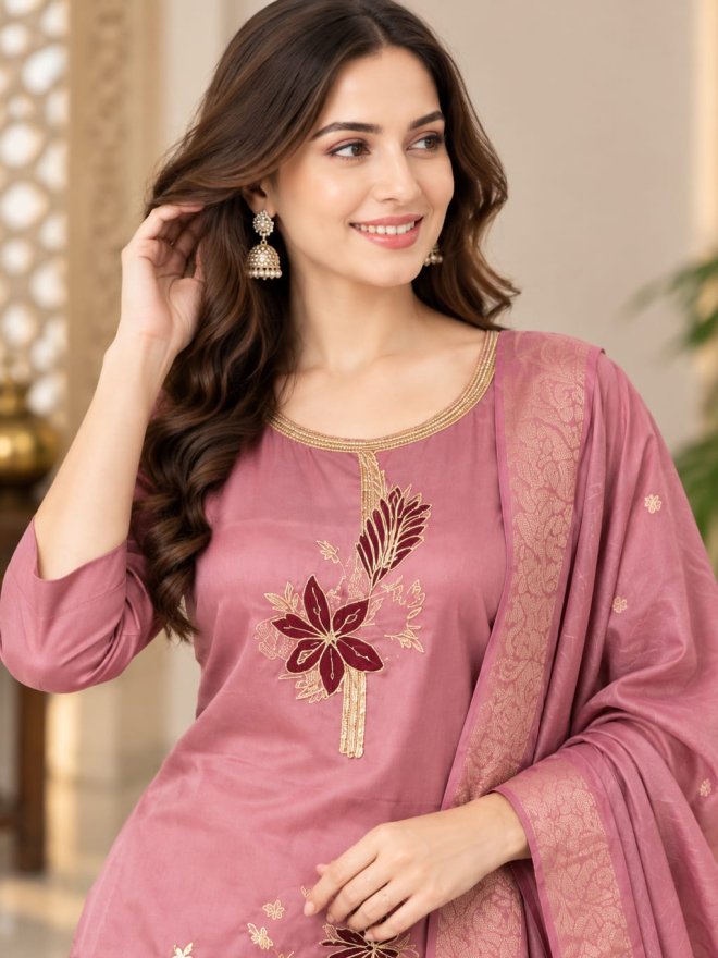 Elegant Embroidered Pink Suit Set with Dupatta