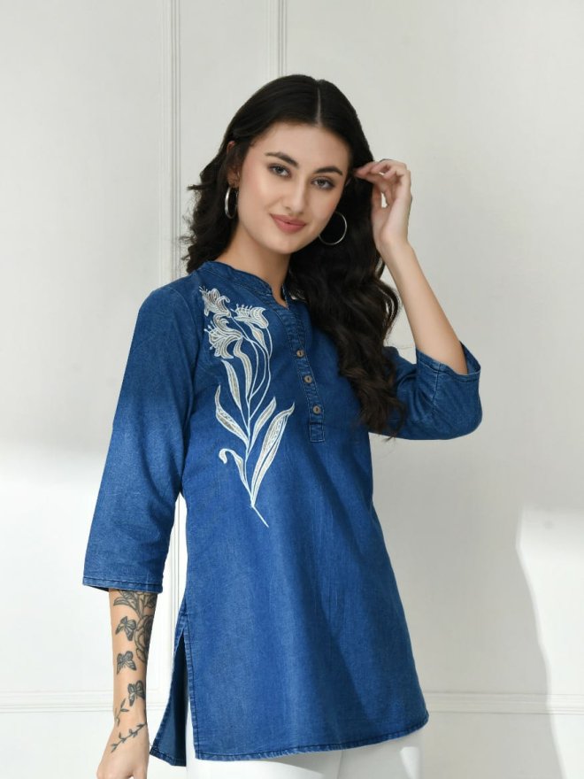 Women’s Denim Blue Embroidered Straight Top