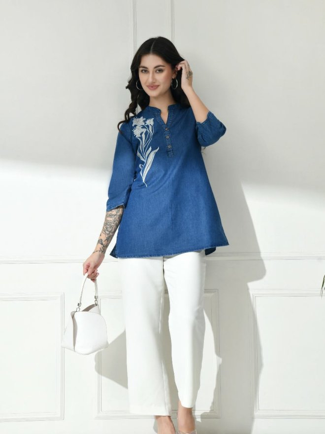 Women’s Denim Blue Embroidered Straight Top
