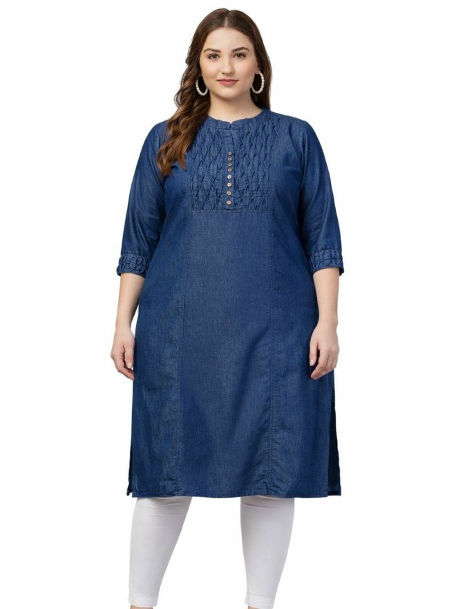 Women’s Plus Size Denim Look Embroidered Straight Kurti