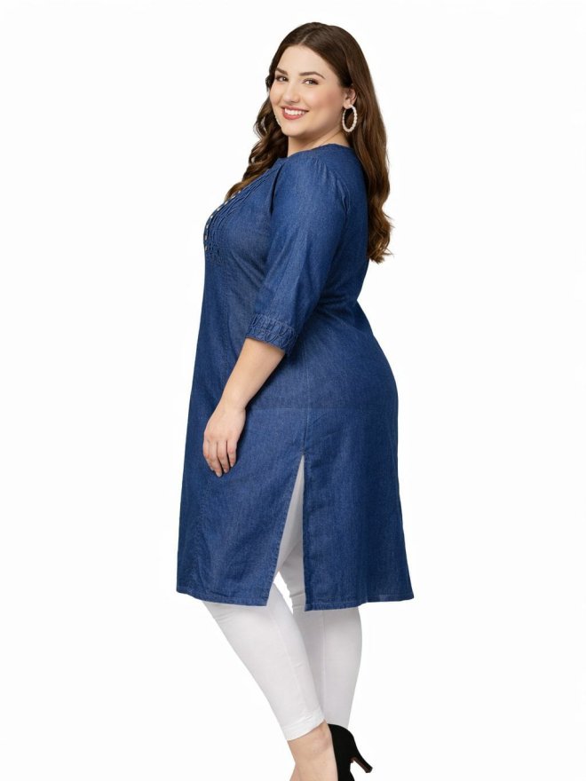 Women’s Plus Size Denim Look Embroidered Straight Kurti